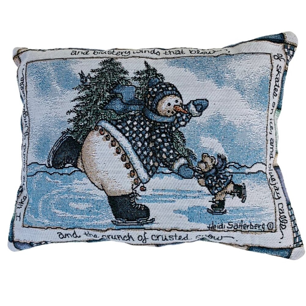 Winter Decorative Tapestry Throw Pillow Ice Skating Snowman Baby Bear Signed